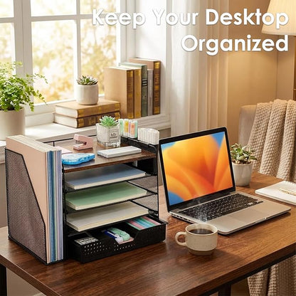 OPNICE Desk Organizer, 5-Tier Paper File Organizer with Drawer & Pen Holder, Office Desk Accessories, Workspace Desktop Organizer for Office Supplies(Brown Wood)