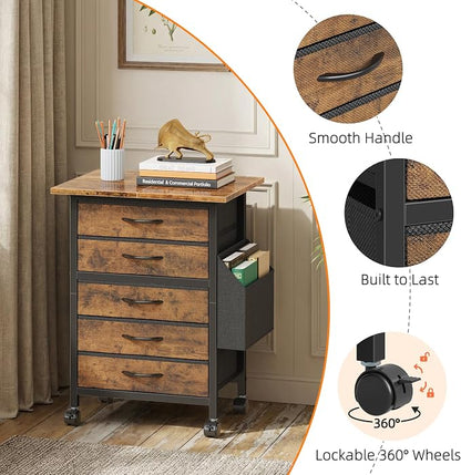 HIGDBFE 5 Fabric Drawers File Cabinet with Side Pocket, Rolling Printer Stand with Storage for Home Office, Wood Top Storage Cabinet Office Storage for Documents and Crafts, Rustic Brown, 15" D