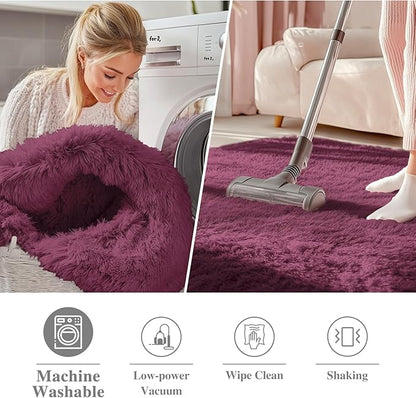 OLANLY Burgundy Round Rugs for Bedroom - Machine Washable, 4 ft Circle Area Rugs for Living Room, Soft and Fluffy Shaggy Carpet for Teen Girls and Boys, Nursery Rooms, Dorms, Home Decor Aesthetic
