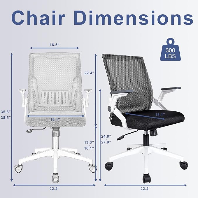 Ergonomic Office Chair with Flip-Up Arms, Small Desk Chair with Breathable Mesh Back, Home Office Desk Chair that Saves Space, Compact Swivel Computer Chair