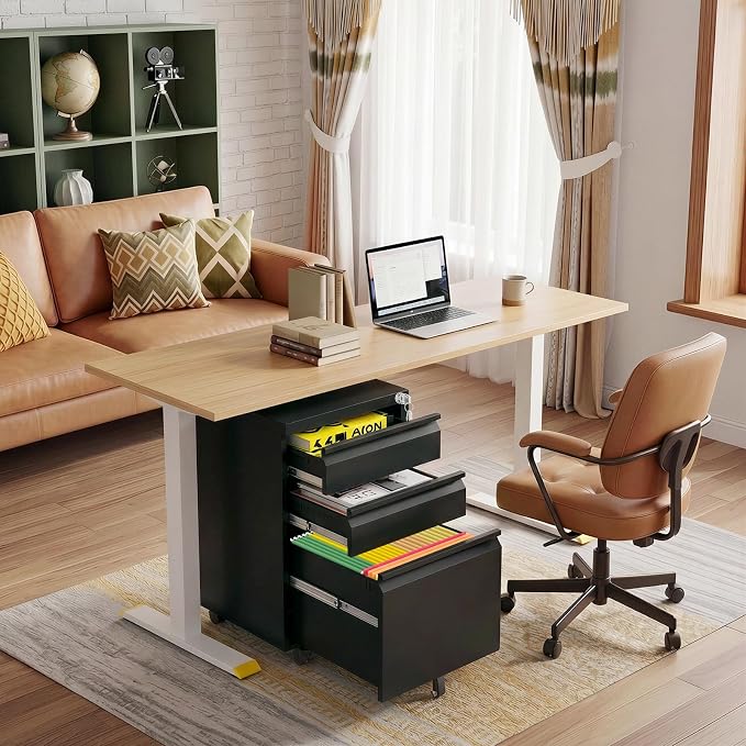 3 Drawer Under Desk Storage,Small File Cabinet with Lock,Filing Cabinet for Home Office,Mobile Metal Drawer Organizer for Letter/Legal/A4,Fully Assembled,Black