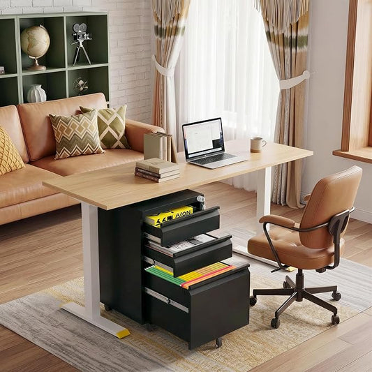 3 Drawer Under Desk Storage,Small File Cabinet with Lock,Filing Cabinet for Home Office,Mobile Metal Drawer Organizer for Letter/Legal/A4,Fully Assembled,Black