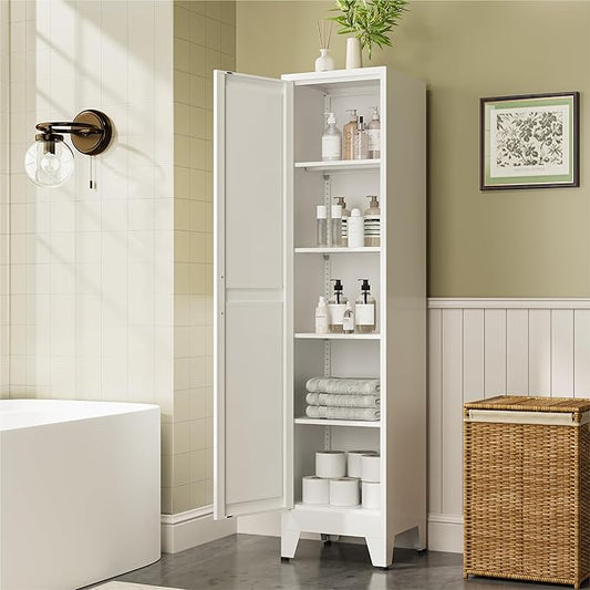 COFaR 67" Tall Bathroom Storage Cabinet, White Metal Storage Cabinet with Magnetic Door & 4 Adjustable Shelves, Slim Freestanding Cupboard for Kitchen, Bathroom, Living Room