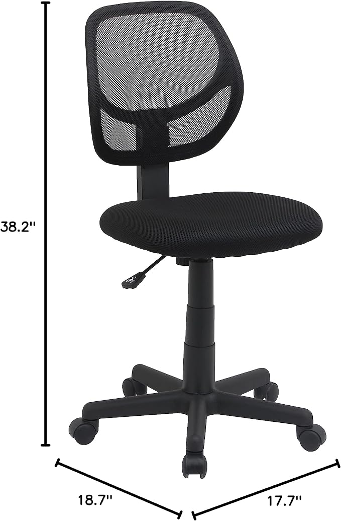 Amazon Basics Low Back Office Chair, Breathable Mesh, Height Adjustable, Padded Seat, Rolling Wheels, Swivel, Back Support, Sturdy, 21.25" D x 22.5" W x 38" H, Black