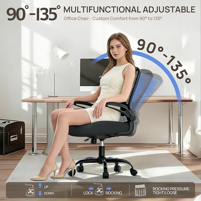 Mimoglad Ergonomic Office Chair, Comfortable Desk Chair with Flip-up Armrests, Adjustable Lumbar Support, 135° Reclining Mesh Computer Chair for Home Office, Small Spaces and Team Office, Black