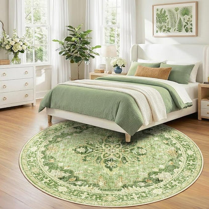 RELEANY Area Rugs Round 8ft Washable Non-Slip, Floral Vintage Distress Medallion Carpet for Living Room Bedroom Dining Room, Sage Green Yellow
