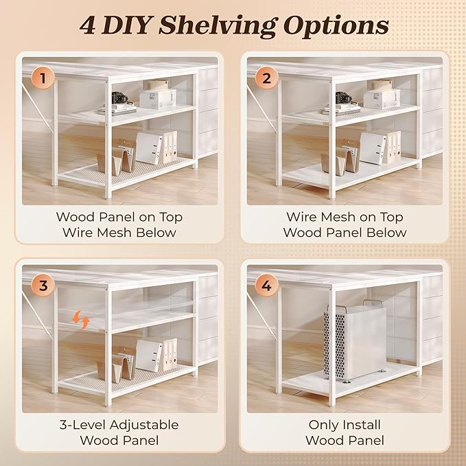PRAISUN 53" L Shaped Desk with Power Outlets & USB-C Port, Reversible Computer Corner Office Desk with 4 Fabric Drawers and 2 Storage Shelves, Large Desk for Gaming Writing Work Study, White