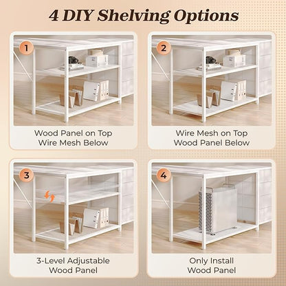 PRAISUN 53" L Shaped Desk with Power Outlets & USB-C Port, Reversible Computer Corner Office Desk with 4 Fabric Drawers and 2 Storage Shelves, Large Desk for Gaming Writing Work Study, White