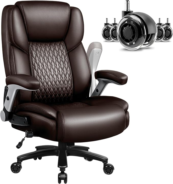 Big and Tall Office Chair 600LBS, Ergonomic Executive Desk Chair with Adjustable Lumbar Support & Flip-up Armrests, High Back Heavy Duty XL Computer Chair for Home Office, PU Leather, Brown