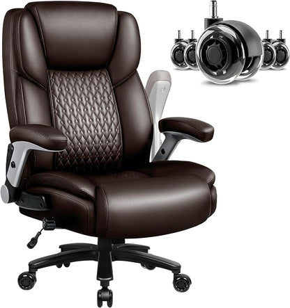 Big and Tall Office Chair 600LBS, Ergonomic Executive Desk Chair with Adjustable Lumbar Support & Flip-up Armrests, High Back Heavy Duty XL Computer Chair for Home Office, PU Leather, Brown
