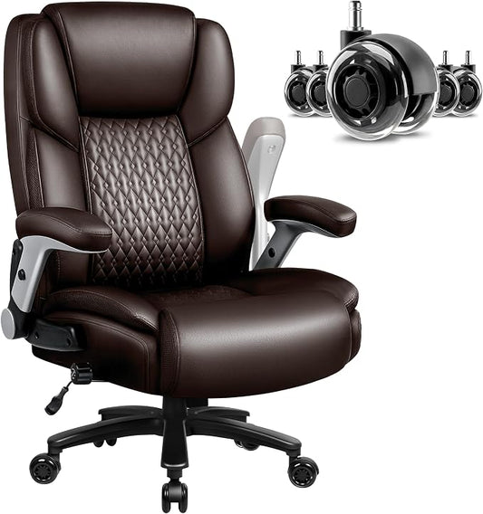 Big and Tall Office Chair 600LBS, Ergonomic Executive Desk Chair with Adjustable Lumbar Support & Flip-up Armrests, High Back Heavy Duty XL Computer Chair for Home Office, PU Leather, Brown