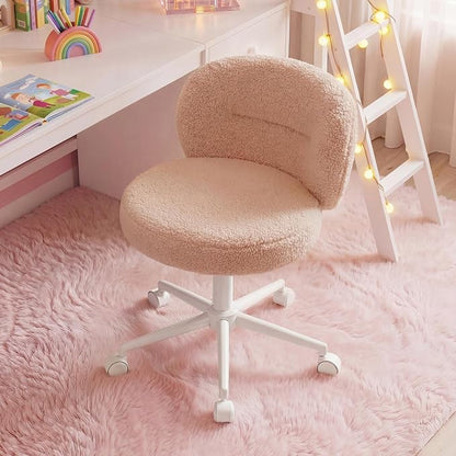 Homkdom Round Vanity Chair with Wheels, Ultra-Soft Desk Chair, Height Adjusts to Your Mirror, Silent Casters, Cute Bedroom Dressing Chair for Daily Beauty Routines, Yellow