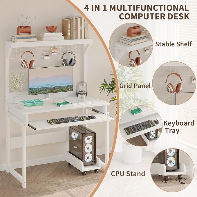 ALISENED 31.5" Small Computer Desk with Hutch, Office Desk with Workstation PC Table, Keyboard Tray & Storage for Gaming, Working, Studying, Space-Saving Design, Easy Assembly，White