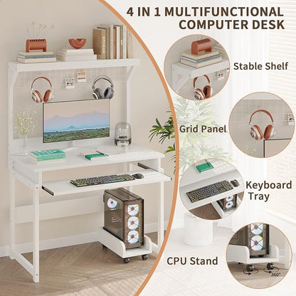 ALISENED 31.5" Small Computer Desk with Hutch, Office Desk with Workstation PC Table, Keyboard Tray & Storage for Gaming, Working, Studying, Space-Saving Design, Easy Assembly，White