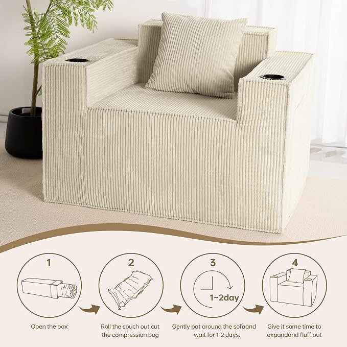 Cloud Single Sofa,Chaise Lounge Chair with Cup Holder & Side Pocket,Elevated Seat Height,No Assembly Required,Boneless Corduroy Chair for Small Space,Bedroom,Office (White, Single Sofa)