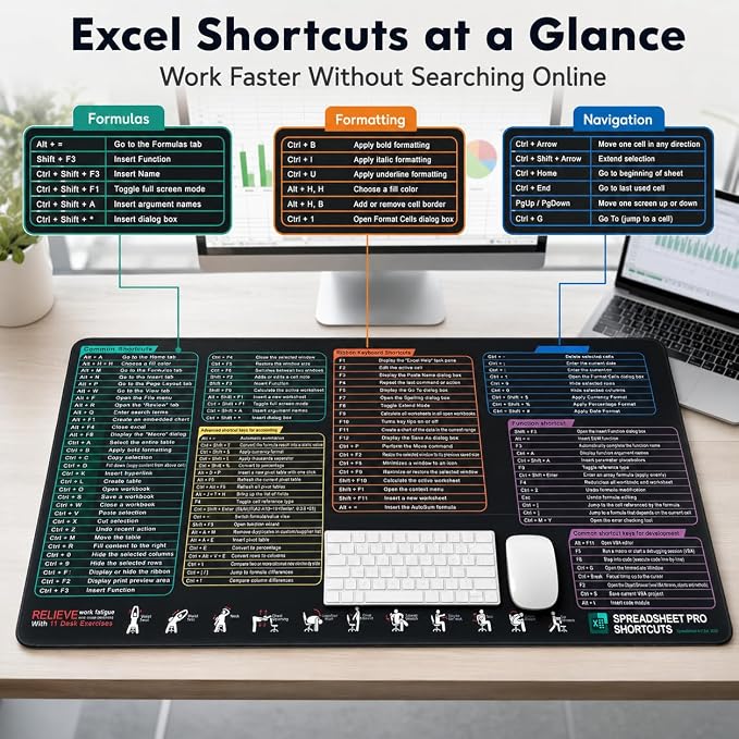 Excel Cheat Sheet Desk Pad, Large Mouse Pad with Shortcuts & Formulas for Windows PC, Non-Slip Stitched Office Keyboard Mat, Carbon Black, 35.5 x 15.8 in,3mm Thick