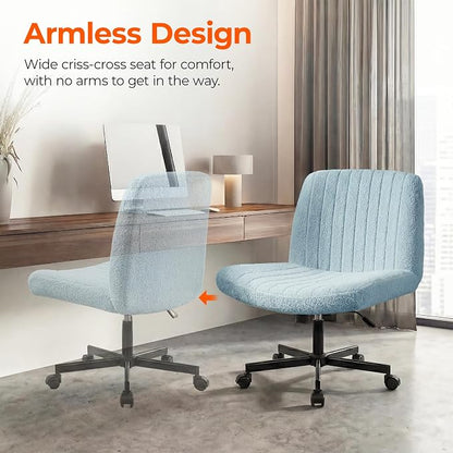 Orange Factory Criss Cross Chair Wheels Vanity Chair Office Desk Comfy Wide Cross Legged Armless Teddy Fabric Adjustable Swivel for Home Computer Task (Blue, Teddy Fleece)