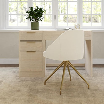 Martha Stewart Sora Stationary Swivel Task Chair with Sloped Arms for Home Office in Off White Boucle with Polished Brass Frame