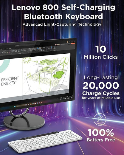 Lenovo 800 Self-Charging Bluetooth Keyboard, Uses Ambient Light for Charging, Bluetooth 5.1, Supports 3 Devices, Battery Free, Wireless, White