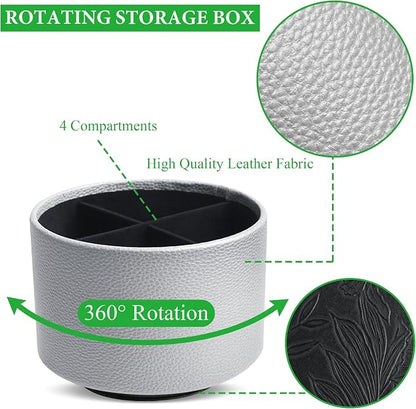 Round Leather Art Supply Organizer,Remote Control Holder,360 Degree Spinning,Multi-Functional Pencil Holder,4 Compartments Desktop Stationary Organizer(1-Lichee Silver)