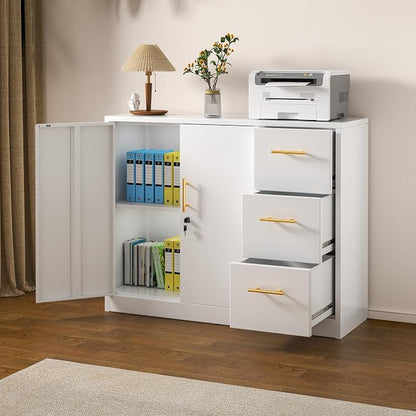 GAIOUS Metal Sideboard Buffet Cabinet, Storage Cabinets with 3 Drawers and Shelf, White Locking Steel File Storage Cabinet, Kitchen Cabinet Cupboard Pantry for Office Dining Living Room Kitchen Garage