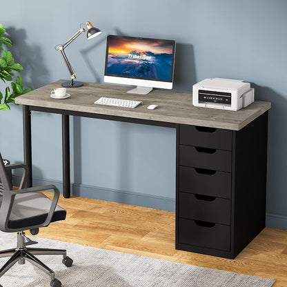 Tribesigns Computer Desk with 5 Drawers, 47 inches Rustic Brown Home Office Desk with Storage, Modern Simple Laptop Desk Study Writing Table for Small Spaces (1, Grey+Black)