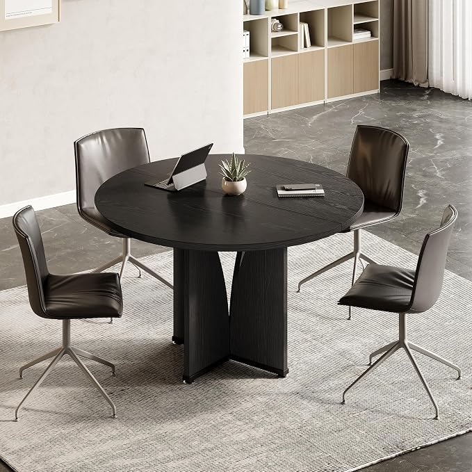 LITTLE TREE 39-Inch Small Conference Table for 4, Round Meeting Table with X-Shape Pedestal, for Office, Conference Room, Small Spaces, Black