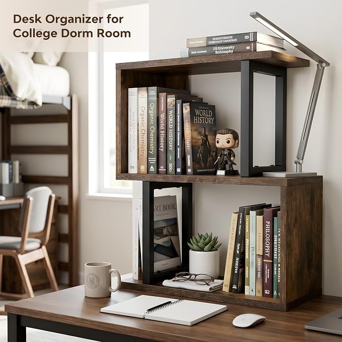 Desk Organizer and Desk Hutch Shelf – Desktop Bookshelf for Small Spaces, Mini Storage Unit for Dorm, Office, 3-Tier Desk Top Organizer Shelf, Rustic Brown