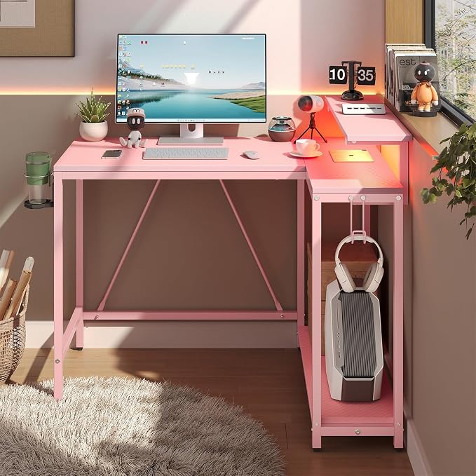 Pinmoco 42" Reversible Small L-Shaped Gaming Desk with LED Lights, Pink | corner desk fits small spaces, monitor stand, cup holder, headset hook, carbon fiber surface, for gaming and home office