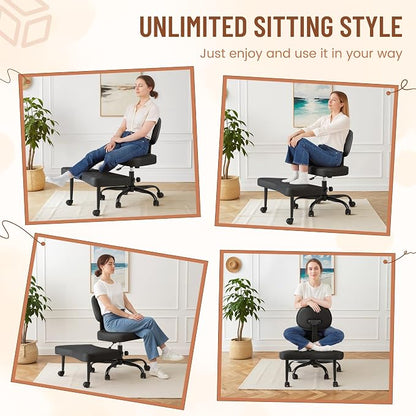 Homall Ergonomic Cross Legged Office Desk Chair with Wheels, 360° Swivel and Adjustable Height for Meditation and ADHD,Criss Cross Kneeling Chair with Lumbar Support (Leather, Black)