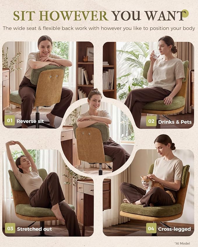 COMHOMA Home Office Desk Chairs with Ergonomic Curved Backrest, Mid Century Modern Vanity Chair with Wheel for Bedroom, Chenille Upholstered, Green