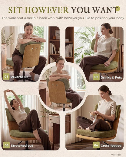COMHOMA Home Office Desk Chairs with Ergonomic Curved Backrest, Mid Century Modern Vanity Chair with Wheel for Bedroom, Chenille Upholstered, Green