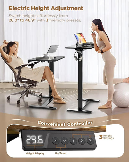 Overbed Bedside Table with Wheels, Electric Standing Desk Adjustable Height, Small Computer Desk for Home Office, Rolling Laptop Desk for Bed, Sofa, or Hospital Use (28"x16",Black)