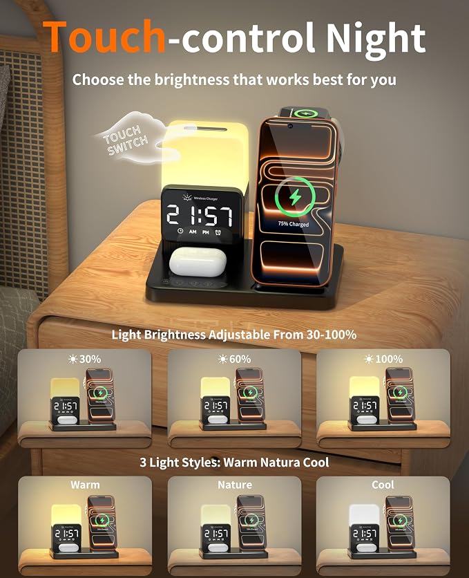6-in-1 Wireless Charging Station,Charger Stand for Apple Devices,for iPhone 17-12 Pro Max Watch Airpods,Wireless Charger iPhone Charging Station with Night Light/Alarm Clock Gifts for Fathers Day