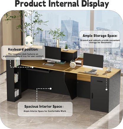 85.8 inches L-Reception Desk with Counter Modern Front Table Checkout Counter Table Retail Counter for Reception Room,Salon,Office,Store,Shop,Clinic,Lobbies,Retail,Home,Black and Natural
