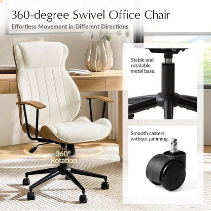 HULALA HOME Solid Wood Office Chair with Tilt Function, Mid Century Modern Bentwood Desk Chair with High Backrest, Height Adjustable Swivel Fabric Computer Task Chair, Ivory
