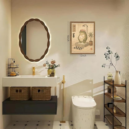 Framed Vintage Frog Bathroom Wall Art, Funny Cute Green Frog in Bubble Bath Canvas Prints, Japanese-Style Retro Cartoon Animal Artwork, Whimsical Wall Decor for Dorm Apartment Toilet 12x16in