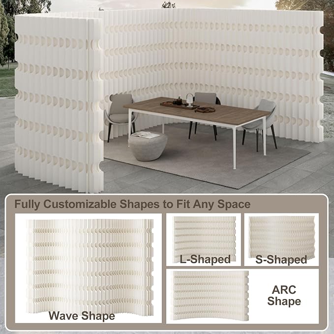 Foldable Accordion Room Divider, Wave-Shaped Freestanding Privacy Screen, Portable Paper Partition Wall, No Drilling Temporary Room Separator for Modern Home Office, Studio, Apartment, White