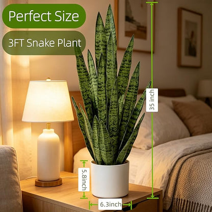 Fake Snake Plant 3FT, 35" Artificial Potted Plant with White Pot, Realistic Faux Floor Plant for Home Decor, Low Maintenance No Watering Needed for Desk Corner Office & Pet Areas (Green)