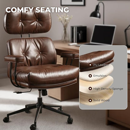 Home Office Chair,Ergonomic Computer Chair with Lumbar Support Adjustable Height,Mid-Century Modern Office Chair with Rolling Swivel Chair for Home Office Game Study(PU Leather Chair,Coffee)