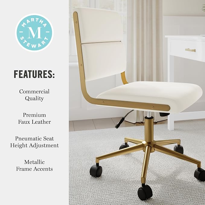 Martha Stewart Lulu Swivel Task Chair with Height Adjustable Seat for Home Office in Off White Faux Leather with Polished Brass Frame