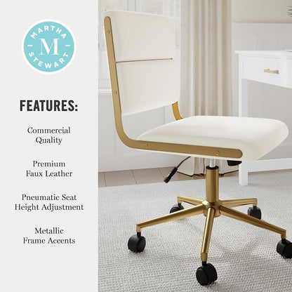 Martha Stewart Lulu Swivel Task Chair with Height Adjustable Seat for Home Office in Off White Faux Leather with Polished Brass Frame