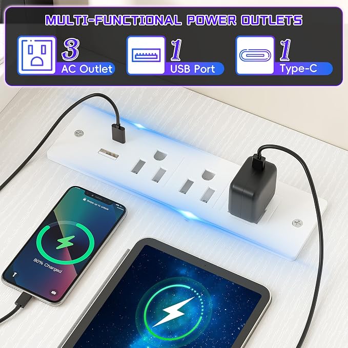 DurayLoly 40" L- Shaped Computer Desk with LED Lights & Power Outlet,Gaming Desk with Monitor Stand for Gamer,Home Office Desk with Drawer for Student Study Room,Bedroom,Small Working Room,White