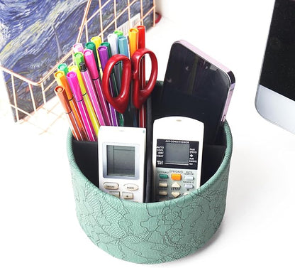 Round Leather Art Supply Organizer,Remote Control Holder,360 Degree Spinning,Multi-Functional Pencil Holder,4 Compartments Desktop Stationary Organizer(1-Lace Flower Green2)