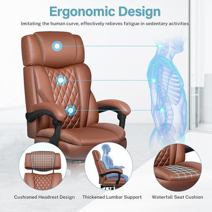 Executive Leather Office Chair, Big and Tall Office Chair with Footrest Home Office Desk Chairs, Ergonomic Computer Desk Chair with Lumbar Support, Reclining Desk Chair with Adjustable Angle