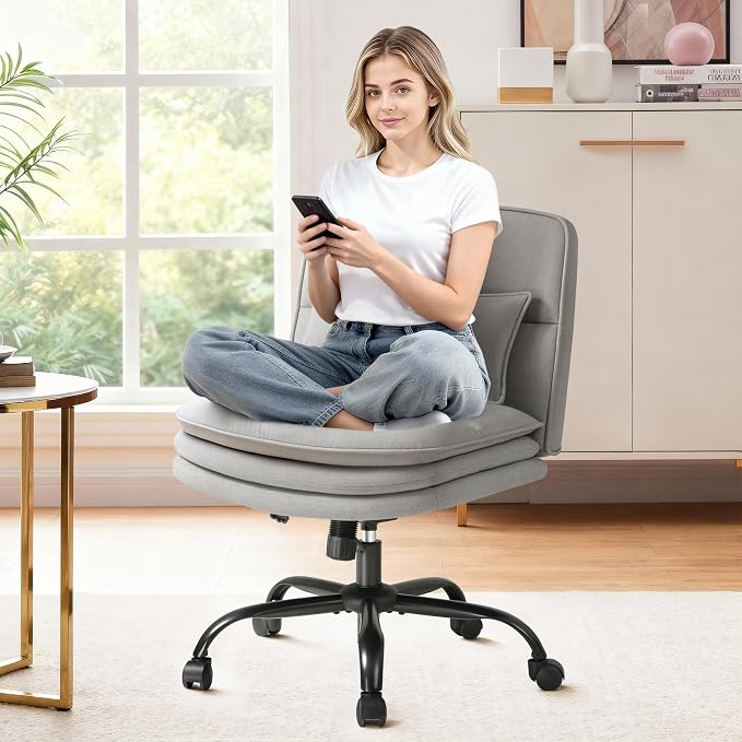 Furmax Criss Cross Legged Office Chair with Wheels, Armless Extra Wide Seat Swivel Desk Chair, Adjustable Height Comfy Task Chair with Thick Cushion for Home Office Bedroom Vanity (Fabric, Grey)
