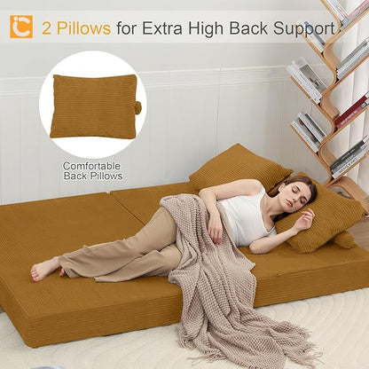COMAX Futon Sofa Bed, Convertible Folding Sofa Bed, Boneless Couch Loveseat Corduroy with Pillows, Small Foldable Floor Couch Comfy Lounge Sleeper for Living Room Bedroom, Orange
