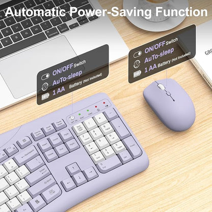 Wireless Keyboard and Mouse Combo, 2.4G Full Size Quiet Ergonomic Curved Keyboard for Natural Typing, 3-Level DPI Adjustable Silent Mouse for Windows, Mac OS, Desktop/Office and Home (Purple-B)
