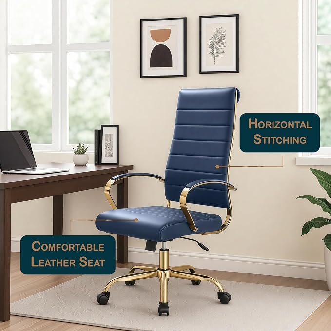 LeisureMod Modern High-Back Leather Office Chair - Swivel & Adjustable Executive Desk Chair with Gold Frame, Ergonomic Design for Home & Office (Navy Blue, Set of 8)