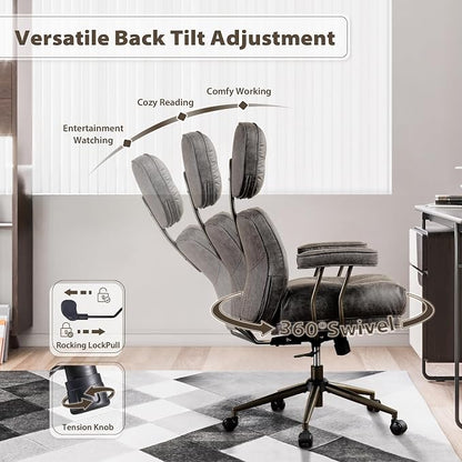 HOOOWOOO Ergonomic Mid Century Modern Office Chair, Comfy Executive Chair with Extra Wide Tufted Cloudy Seat, Lumbar Support, High Reclining Back, Suede Leather Grey
